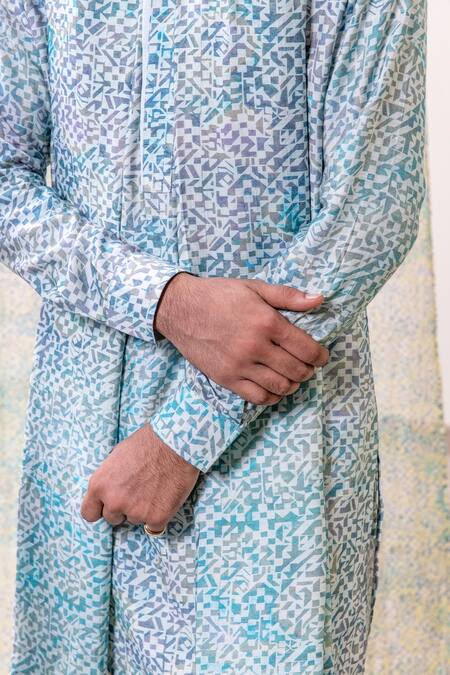 Philocaly_Blue Cotton, Tussar Tazneem Printed Kurta _Online_at_Aza_Fashions