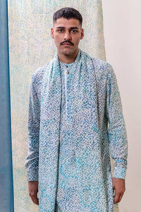 Buy_Philocaly_Blue Cotton, Tussar Tazneem Printed Kurta _Online_at_Aza_Fashions