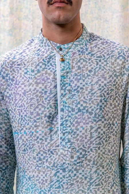 Shop_Philocaly_Blue Cotton, Tussar Tazneem Printed Kurta _Online_at_Aza_Fashions