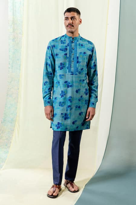 Philocaly Blue Cotton Tussar Printed Tie-dye Nilah Kurta 