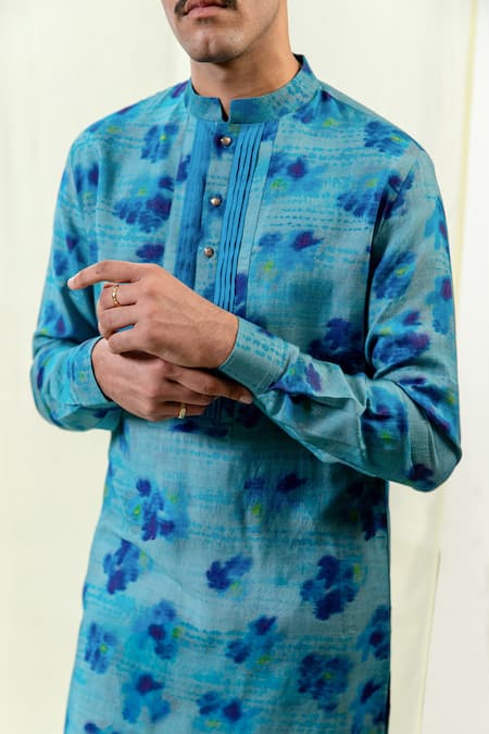 Buy_Philocaly_Blue Cotton, Tussar Nilah Tie-dye Printed Kurta _Online_at_Aza_Fashions