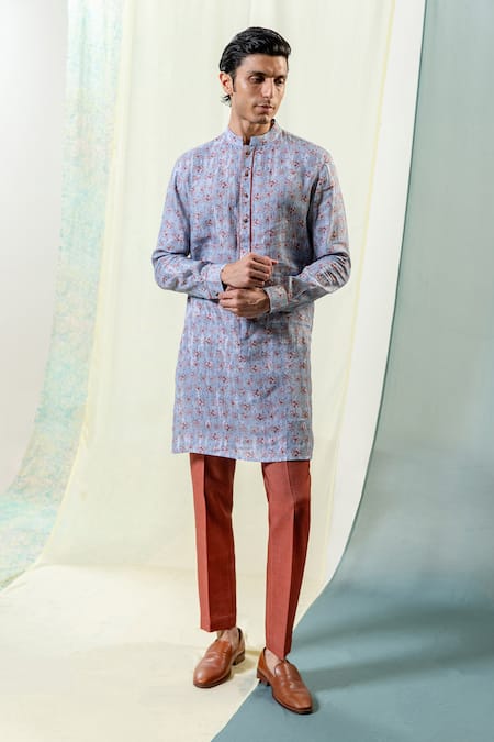 Philocaly Blue Linen Printed Abstract Floral Aarav Kurta 