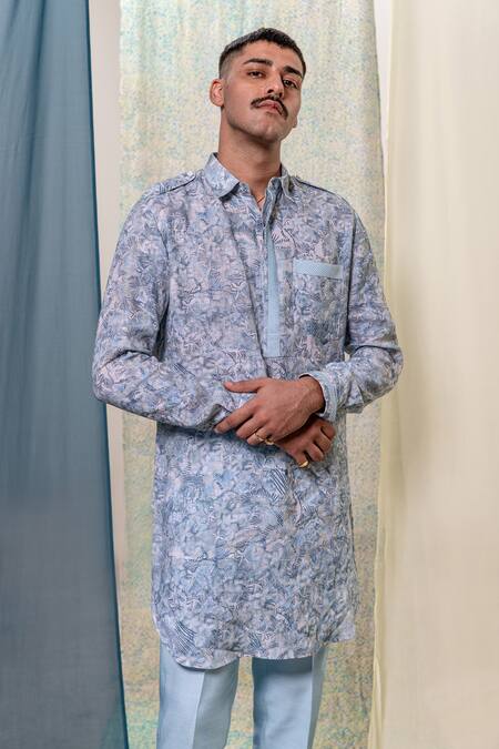 Philocaly_Blue Linen Embroidery Salil Floral Print Kurta_Online_at_Aza_Fashions