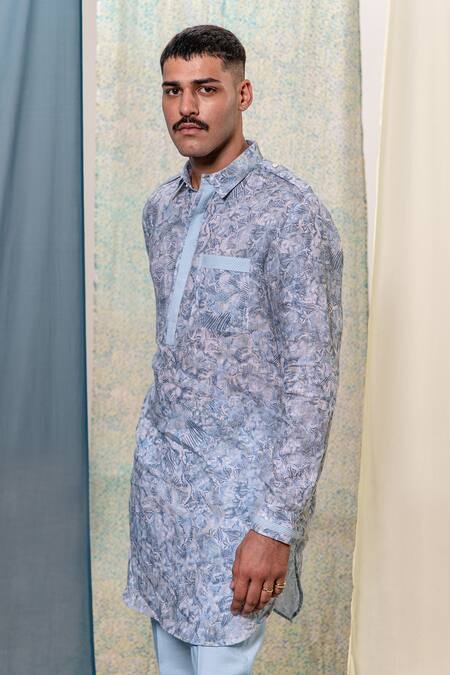 Shop_Philocaly_Blue Linen Embroidery Salil Floral Print Kurta_Online_at_Aza_Fashions