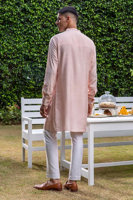 Shop Philocaly Pink Cotton, Tussar Embroidery Suman Placement Kurta at Aza Fashions Shop_Philocaly_Pink Cotton, Tussar Embroidery Suman Placement Kurta _at_Aza_Fashions