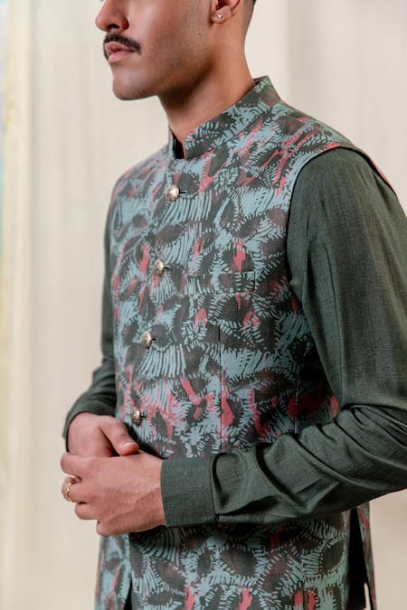 Philocaly_Green Cotton, Silk Mint Abstract Floral Printed Bundi_Online_at_Aza_Fashions