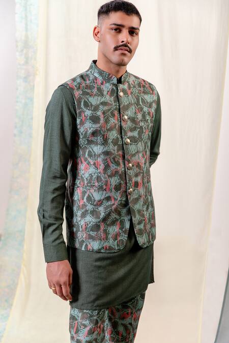 Buy_Philocaly_Green Cotton, Silk Mint Abstract Floral Printed Bundi_Online_at_Aza_Fashions