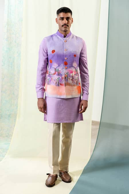 Philocaly Purple Linen Printed Abstract Swapn Bundi Kurta Set 