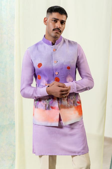 Philocaly Purple Linen Lavender Ombre Printed Bundi Kurta Set Online at Aza Fashions Philocaly_Purple Linen Lavender Ombre Printed Bundi Kurta Set _Online_at_Aza_Fashions
