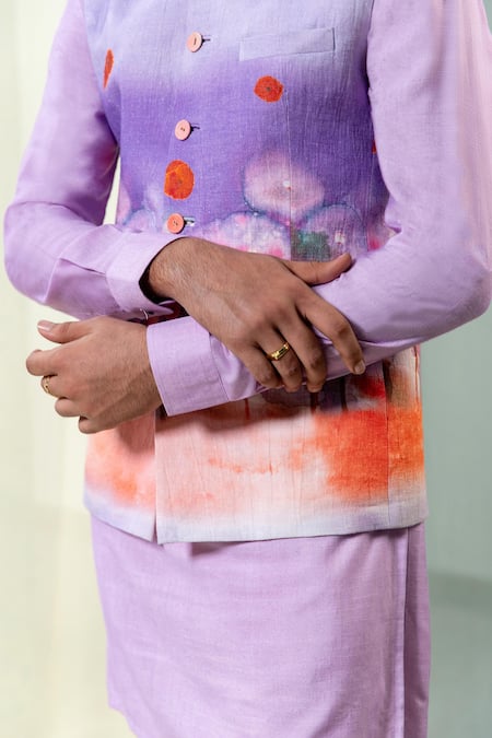 Buy Philocaly Purple Linen Lavender Ombre Printed Bundi Kurta Set Online at Aza Fashions Buy_Philocaly_Purple Linen Lavender Ombre Printed Bundi Kurta Set _Online_at_Aza_Fashions