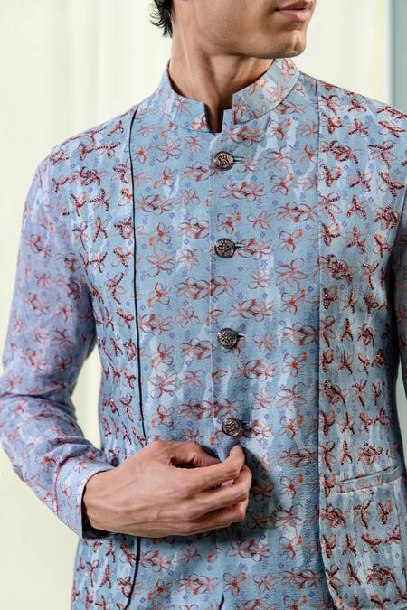 Philocaly_Blue Cotton, Silk Embroidery Floral Print Bundi _Online_at_Aza_Fashions