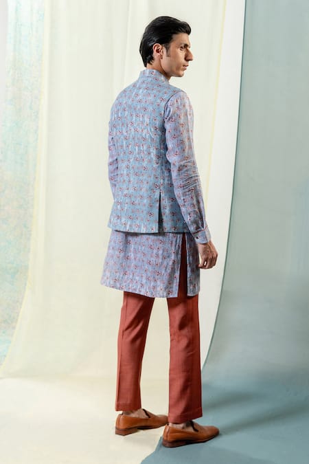 Philocaly Floral Print Bundi Kurta Set 