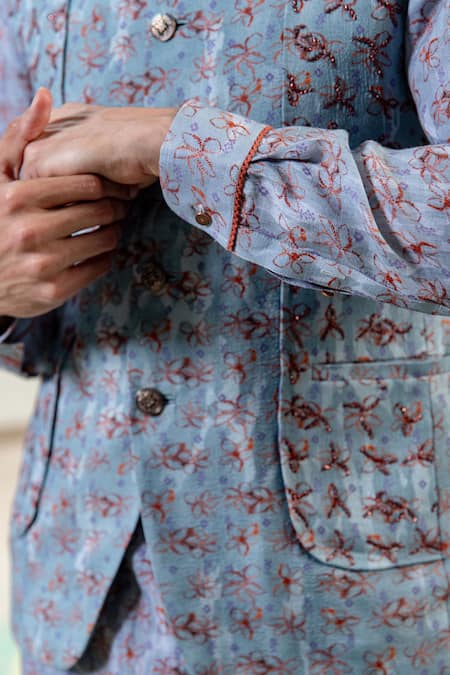 Buy Philocaly Blue Cotton, Silk Embroidery Floral Print Bundi Kurta Set Online at Aza Fashions Buy_Philocaly_Blue Cotton, Silk Embroidery Floral Print Bundi Kurta Set _Online_at_Aza_Fashions