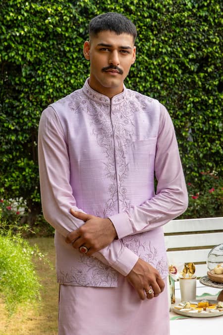 Philocaly_Purple Silk Embroidery Floral Raw Bundi_Online_at_Aza_Fashions