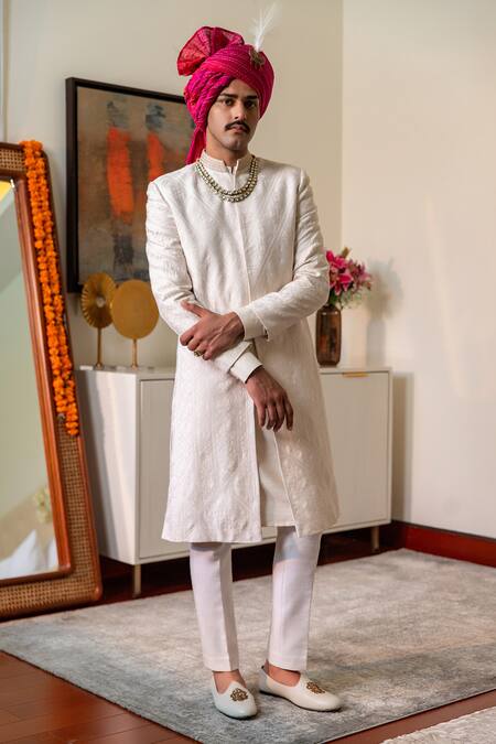 Philocaly White Silk Embroidery Rekh Sherwani Set Online at Aza Fashions Philocaly_White Silk Embroidery Rekh Sherwani Set _Online_at_Aza_Fashions
