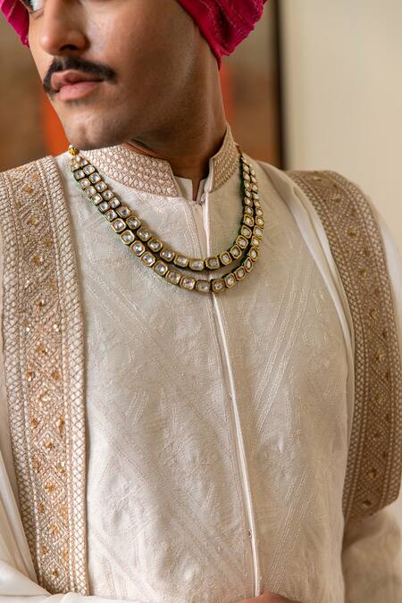 Shop Philocaly White Silk Embroidery Rekh Sherwani Set Online at Aza Fashions Shop_Philocaly_White Silk Embroidery Rekh Sherwani Set _Online_at_Aza_Fashions