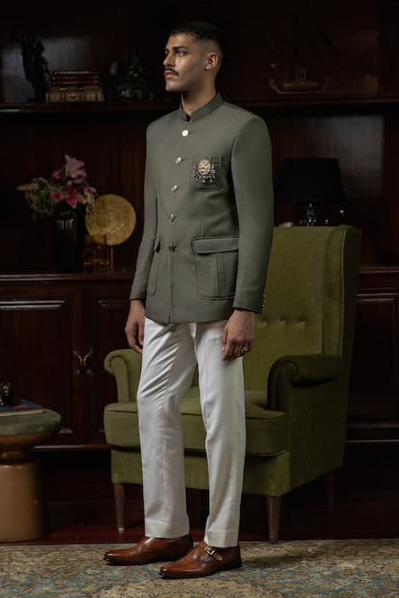 Philocaly_Green Wool Brooches Unnat Solid Bandhgala _Online_at_Aza_Fashions