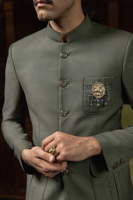 Buy_Philocaly_Green Wool Brooches Unnat Solid Bandhgala _Online_at_Aza_Fashions