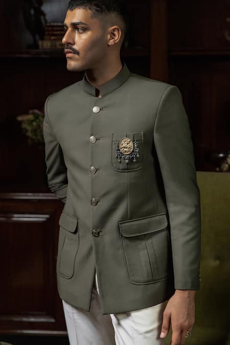 Philocaly_Green Wool Brooches Unnat Solid Bandhgala _at_Aza_Fashions