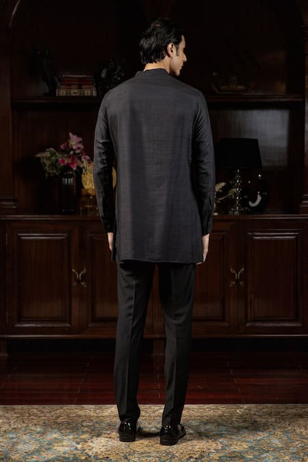 Shop_Philocaly_Black Cotton, Tussar Embroidery Nishant Kurta _at_Aza_Fashions