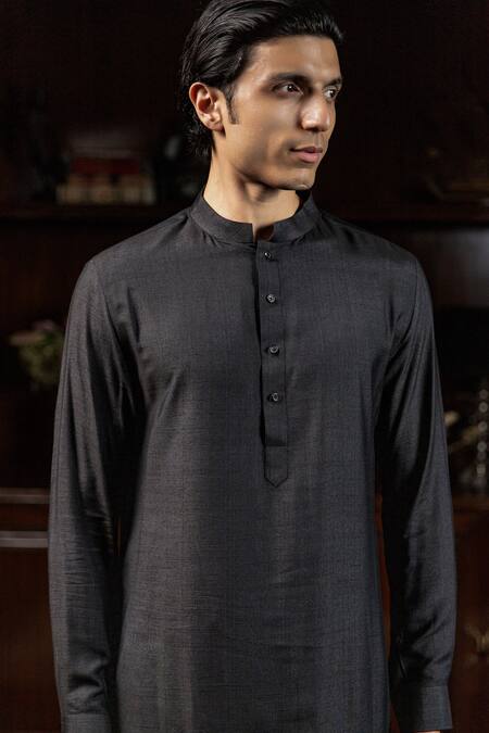 Philocaly_Black Cotton, Tussar Embroidery Nishant Kurta _Online_at_Aza_Fashions
