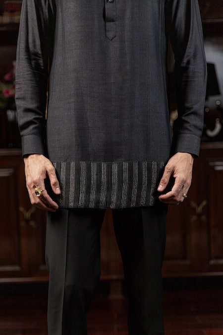 Buy_Philocaly_Black Cotton, Tussar Embroidery Nishant Kurta _Online_at_Aza_Fashions
