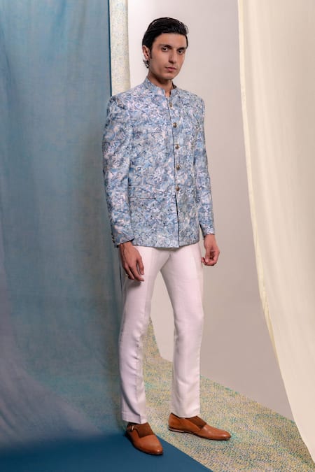 Philocaly_Blue Cotton, Silk Metallic Thread Falak Abstract Print Bandhgala _Online_at_Aza_Fashions