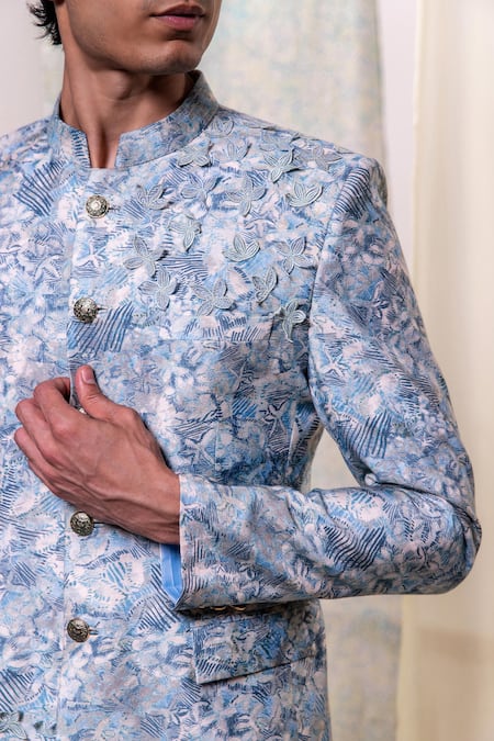 Buy_Philocaly_Blue Cotton, Silk Metallic Thread Falak Abstract Print Bandhgala _Online_at_Aza_Fashions