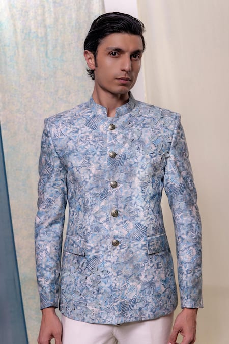 Shop_Philocaly_Blue Cotton, Silk Metallic Thread Falak Abstract Print Bandhgala _Online_at_Aza_Fashions