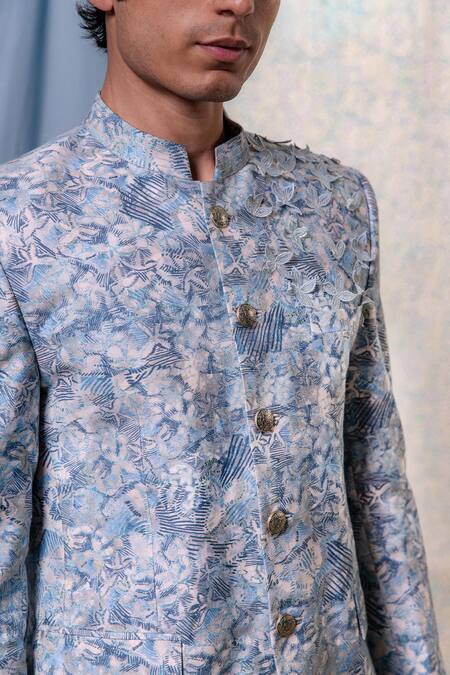 Philocaly_Blue Cotton, Silk Metallic Thread Falak Abstract Print Bandhgala _at_Aza_Fashions