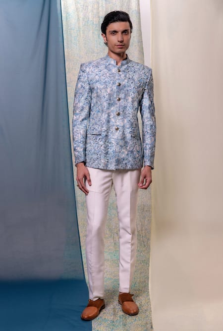 Buy_Philocaly_Blue Cotton, Silk Metallic Thread Falak Abstract Print Bandhgala 