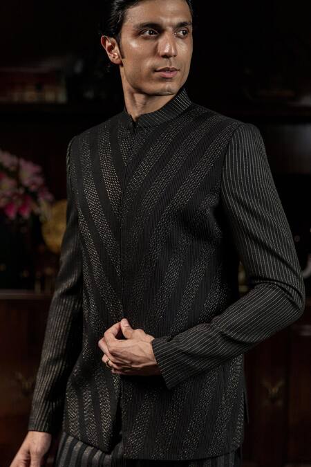 Philocaly_Black Cotton, Silk Zari Nishil Dori Embroidered Bandhgala _Online_at_Aza_Fashions