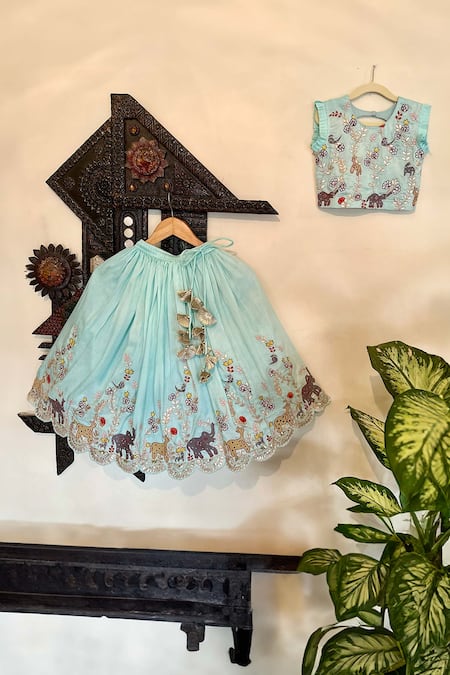 Rage Attire-Sweta Saria Blue Bamboo, Linen Embroidery Animal Thread Lehenga With Blouse 