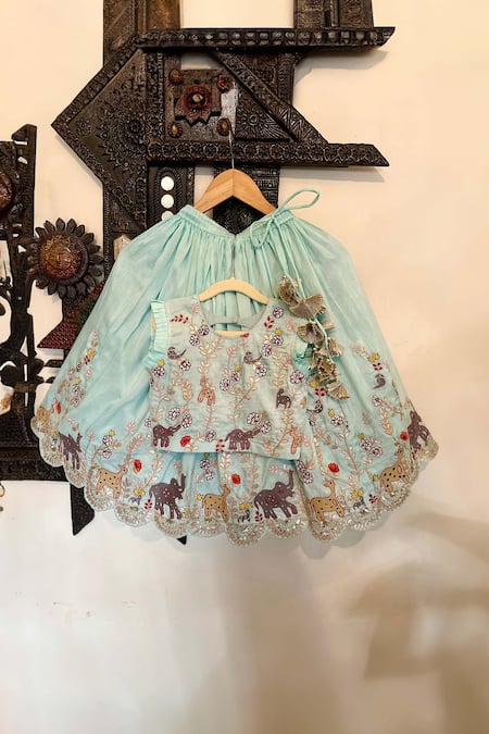 Shop Rage Attire-Sweta Saria Blue Bamboo, Linen Embroidery Animal Thread Lehenga With Blouse at Aza Fashions Shop_Rage Attire-Sweta Saria_Blue Bamboo, Linen Embroidery Animal Thread Lehenga With Blouse _at_Aza_Fashions