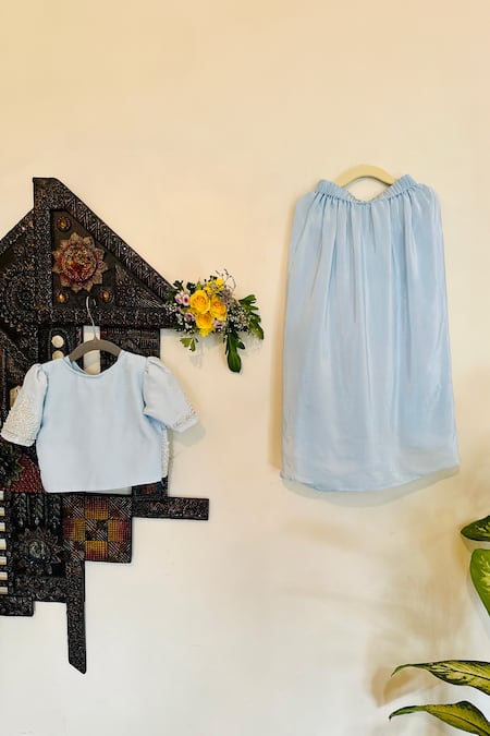 Shop Rage Attire-Sweta Saria Blue Crepe, Linen Pearls Solid Saree Skirt Embroidered Jacket Set at Aza Fashions Shop_Rage Attire-Sweta Saria_Blue Crepe, Linen Pearls Solid Saree Skirt Embroidered Jacket Set _at_Aza_Fashions