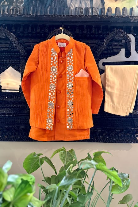 Rage Attire-Sweta Saria Orange Bamberg Silk Embroidered Mirror Zardosi Sherwani And Pant Set 