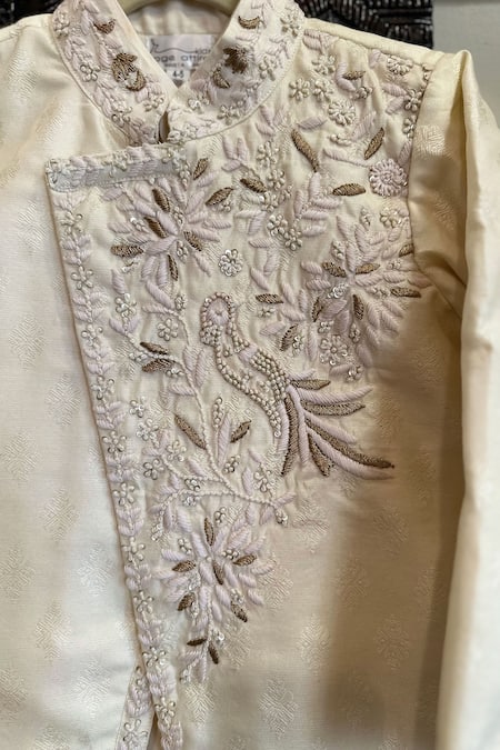 Shop Rage Attire-Sweta Saria Ivory Bamboo, Silk Zari Zardosi Embroidered Sherwani Pant Set at Aza Fashions Shop_Rage Attire-Sweta Saria_Ivory Bamboo, Silk Zari Zardosi Embroidered Sherwani Pant Set _at_Aza_Fashions