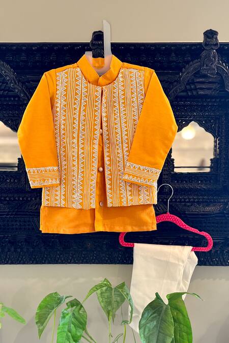 Rage Attire-Sweta Saria Orange Bamberg Silk Embroidered Geometric Jacket Kurta And Pant Set 