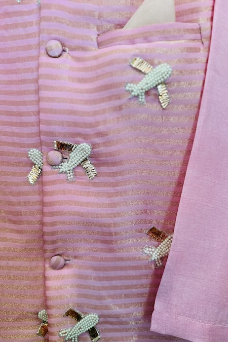 Rage Attire-Sweta Saria_Pink Bamboo, Silk, Linen Beads, Embroidery Striped Jacket Set _Online_at_Aza_Fashions