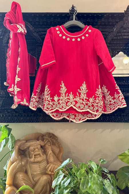 Rage Attire-Sweta Saria_Red Chiffon Pearls, Gota Patti Floral Embroidered Kurta Sharara Set _Online_at_Aza_Fashions