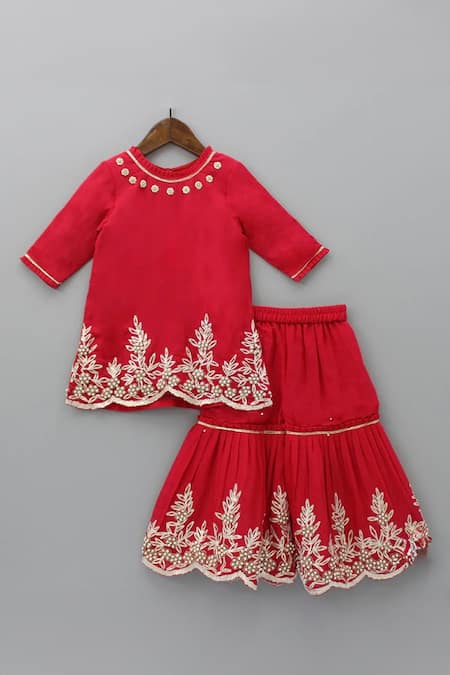 Buy_Rage Attire-Sweta Saria_Red Chiffon Pearls, Gota Patti Floral Embroidered Kurta Sharara Set _Online_at_Aza_Fashions