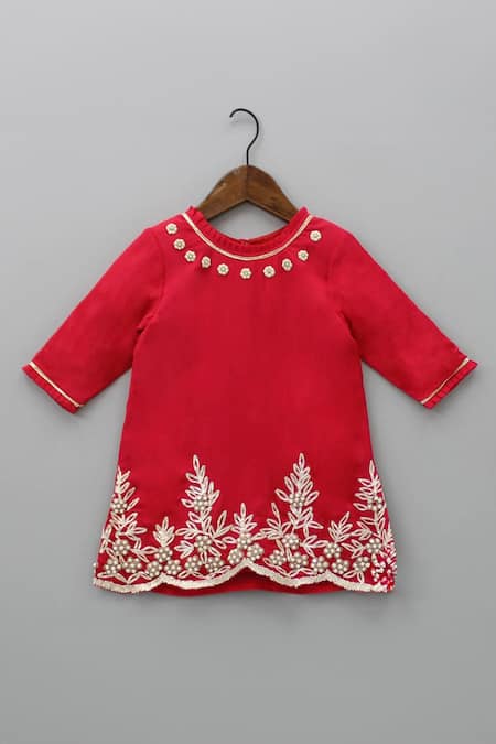 Shop_Rage Attire-Sweta Saria_Red Chiffon Pearls, Gota Patti Floral Embroidered Kurta Sharara Set _Online_at_Aza_Fashions