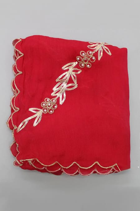 Rage Attire-Sweta Saria_Red Chiffon Pearls, Gota Patti Floral Embroidered Kurta Sharara Set _at_Aza_Fashions