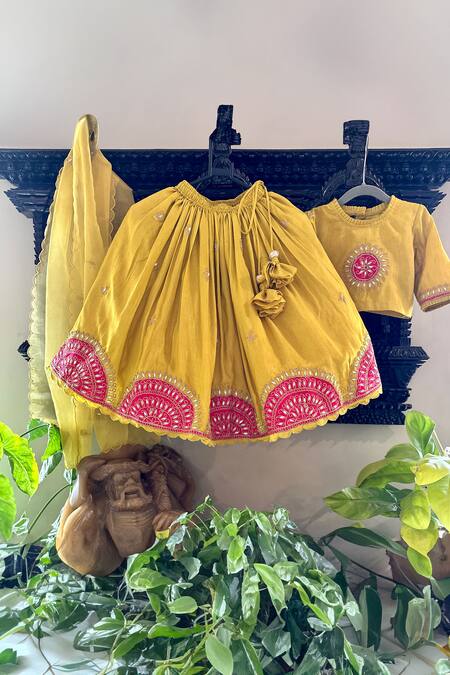 Shop_Rage Attire-Sweta Saria_Yellow Bamboo, Organza Sequins, Embroidery Patti And Dori Lehenga Set _Online_at_Aza_Fashions