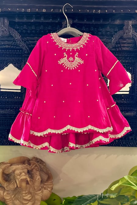 Rage Attire-Sweta Saria_Pink Bamboo, Silk Zari, Embroidery, Lace Bird Kurta Sharara Set _Online_at_Aza_Fashions