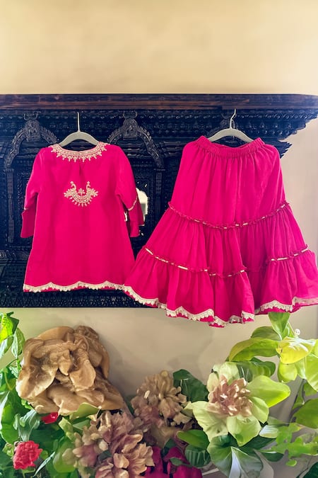 Shop_Rage Attire-Sweta Saria_Pink Bamboo, Silk Zari, Embroidery, Lace Bird Kurta Sharara Set _Online_at_Aza_Fashions