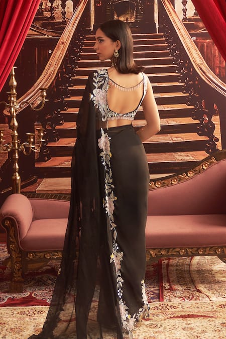 Shop_Seema Thukral_Black Organza, Georgette, Nimta Floral Border Pre-draped Saree With Blouse _at_Aza_Fashions