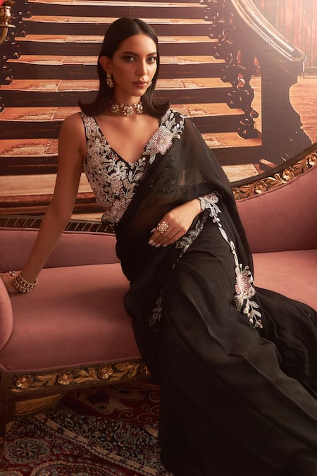 Seema Thukral Black Organza, Georgette, Nimta Floral Border Pre-draped Saree With Blouse Online at Aza Fashions Seema Thukral_Black Organza, Georgette, Nimta Floral Border Pre-draped Saree With Blouse _Online_at_Aza_Fashions