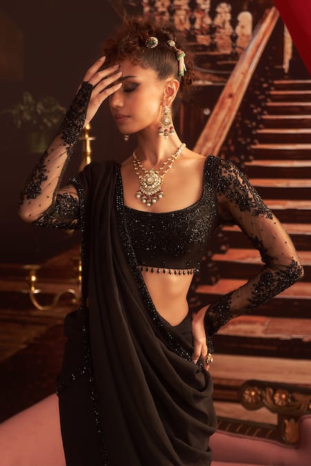 Seema Thukral Black Organza, Net, Georgette, Satin Pinky Embellished Border Saree With Blouse Online at Aza Fashions Seema Thukral_Black Organza, Net, Georgette, Satin Pinky Embellished Border Saree With Blouse _Online_at_Aza_Fashions