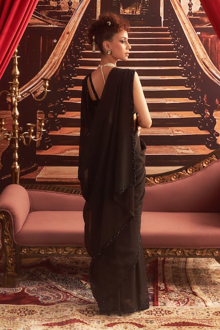 Seema Thukral_Black Organza, Net, Georgette, Satin, Kamli Embellished Border Saree With Blouse _Online_at_Aza_Fashions
